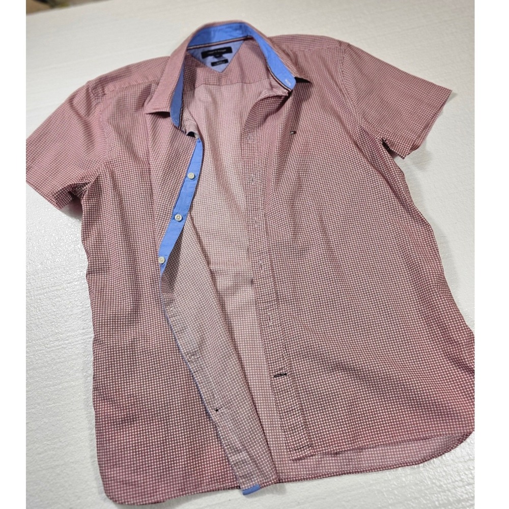 Tommy Hilfiger Mens XXL Slim Fit Short Sleeve Button Down Shirt Red Micro Print
